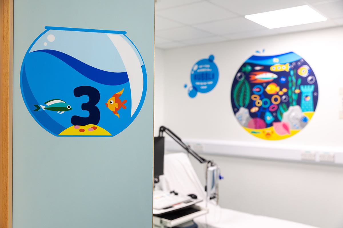 Artwork displayed on treatment room walls and doors.